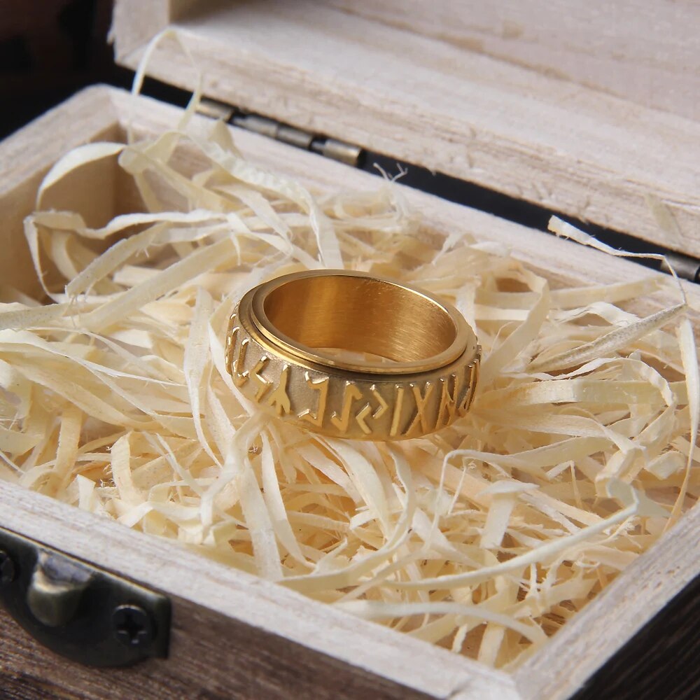 anillo acero runas dorado
